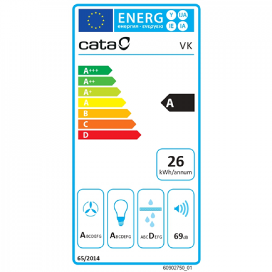CATA Hood | VK 6000 WH | Wall mounted | Energy efficiency class A | Width 60 cm | 398 m³/h | Push buttons | CSLED | White