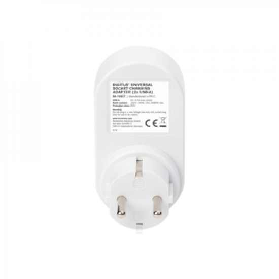 Digitus Universal USB Plug-in Charger with 2 x USB-A Sockets and Integrated Socket | DA-70617