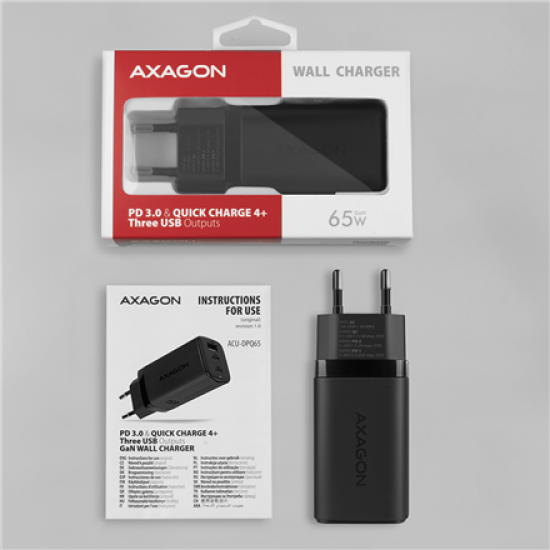 AXAGON GaN wallcharger 3x port (USB-A + 2x USB-C), 65W | ACU-DPQ65