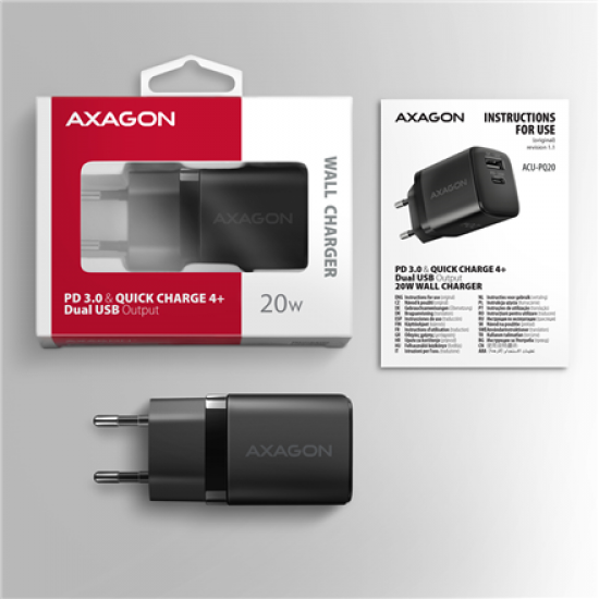 AXAGON Wallcharger 2x port (USB-A + USB-C), 20W | ACU-PQ20