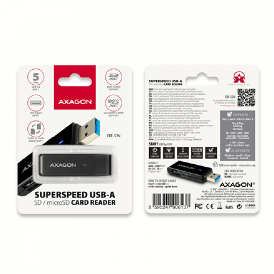 AXAGON Slim super-speed USB 3.2 Gen 1 card reader with a direct USB-A connector | CRE-S2N