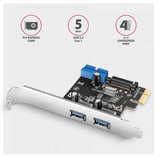 AXAGON PCI-Express card with a pair of internal and a pair of external USB 5Gbps ports | PCEU-232RS