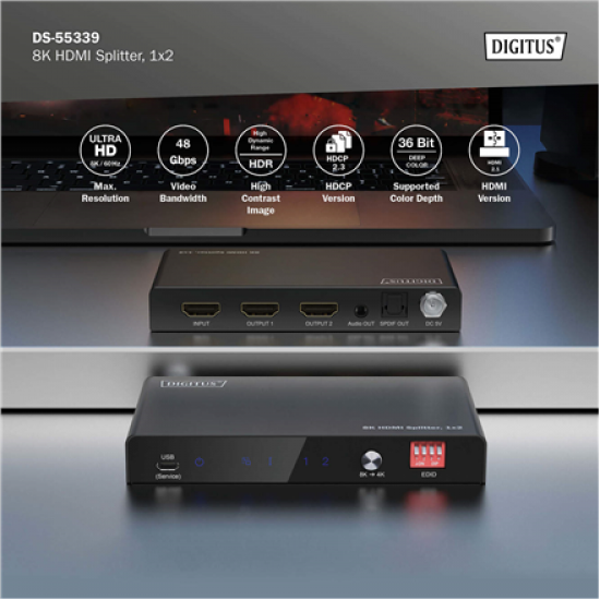 Digitus 8K HDMI Splitter, 1x2 | DS-55339 | Black