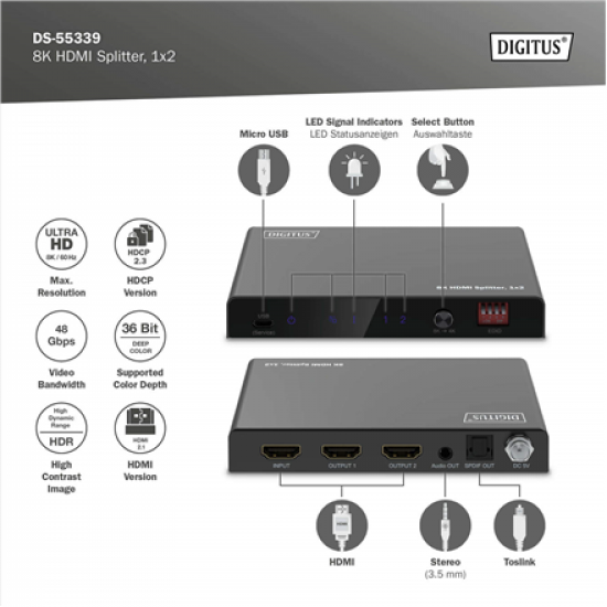 Digitus 8K HDMI Splitter, 1x2 | DS-55339 | Black