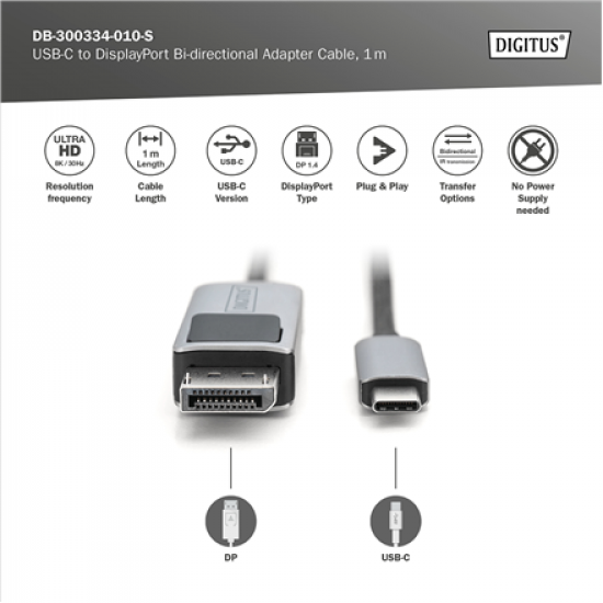 Digitus Bi-directional Adapter Cable | DB-300334-010-S | USB-C to DisplayPort