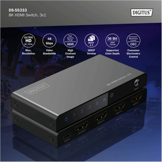 Digitus 8K HDMI Switch, 3x1 | DS-55333 | Black