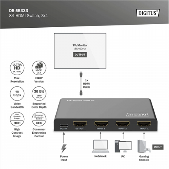 Digitus 8K HDMI Switch, 3x1 | DS-55333 | Black