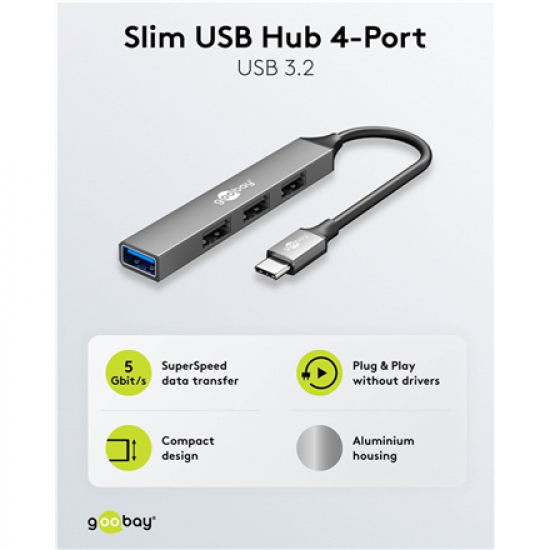 Goobay Slim 4-Port USB Hub, USB-C to USB-A, 5 Gbit/s | 74457