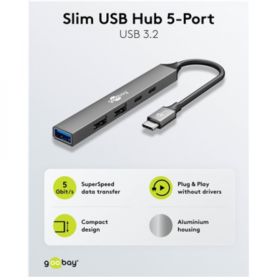 Goobay Slim 5-Port USB Hub, USB-C to USB-C/USB-A, 5 Gbit/s | 74460