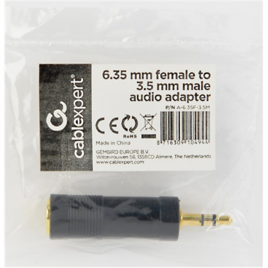 Cablexpert 6.35 mm female to 3.5 mm male audio adapter | A-6.35F-3.5M