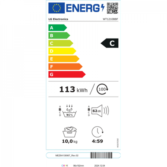 LG Washing machine with dryer | WT1210BBF | Energy efficiency class A/C | Front loading | Washing capacity 12 kg | 1400 RPM | Depth 66 cm | Width 60 cm | Display | LED | Drying system | Drying capacity 10 kg | Steam function | Wi-Fi | Black