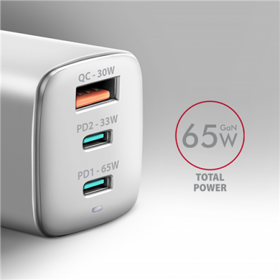AXAGON GaN wallcharger 3x port (USB-A + 2x USB-C), PD3.0/PPS/QC4+/SFC2.0/AFC/SCP/FCP/Apple, 65W | ACU-DPQ65W