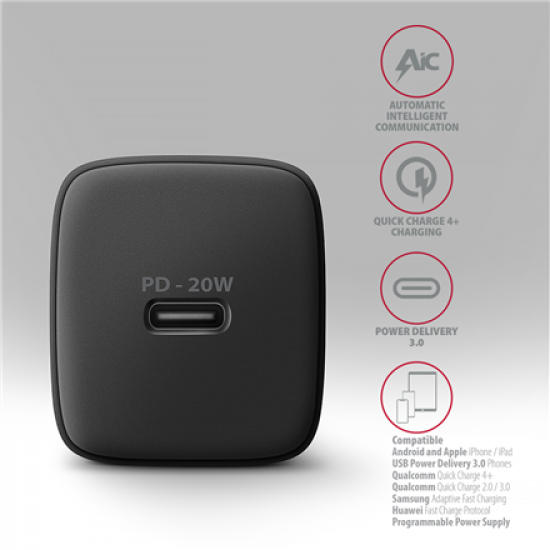 AXAGON Wallcharger 1x port USB-C, PD3.0/PPS/QC4+/AFC/FCP/Apple, 20W | ACU-PD20