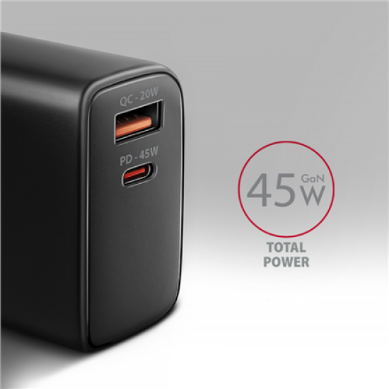 AXAGON GaN wallcharger 2x port (USB-A + USB-C), PD3.0/PPS/QC4+/SFC2.0/AFC/SCP/FCP/Apple, 45W | ACU-PQ45