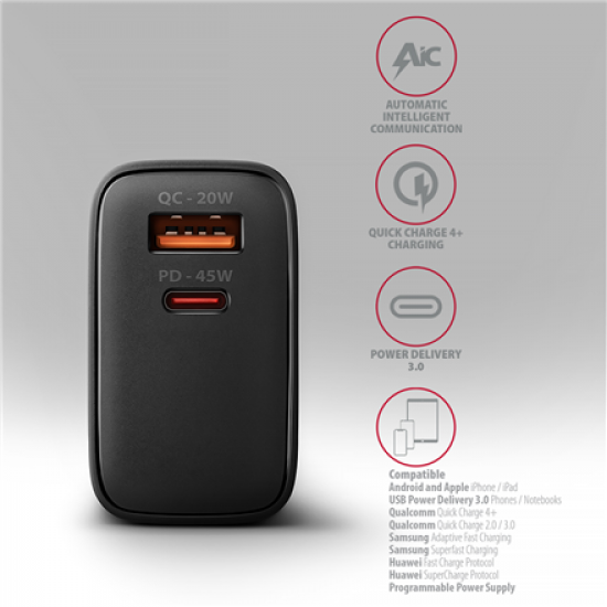 AXAGON GaN wallcharger 2x port (USB-A + USB-C), PD3.0/PPS/QC4+/SFC2.0/AFC/SCP/FCP/Apple, 45W | ACU-PQ45