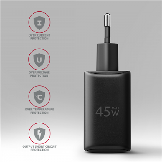 AXAGON GaN wallcharger 2x port (USB-A + USB-C), PD3.0/PPS/QC4+/SFC2.0/AFC/SCP/FCP/Apple, 45W | ACU-PQ45
