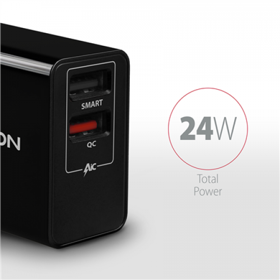 AXAGON Dual wallcharger 240V/2x USB port QC3.0/AFC/FCP and 5V-1.2A, 24W | ACU-QS24