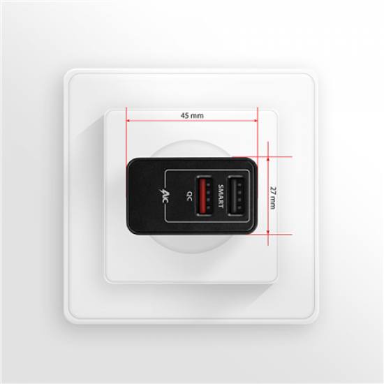 AXAGON Dual wallcharger 240V/2x USB port QC3.0/AFC/FCP and 5V-1.2A, 24W | ACU-QS24