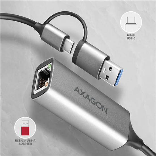 AXAGON ADE-TXCA Compact aluminum USB 3.2 Gen 1 Gigabit Ethernet 10/100/1000Mbit adapter with automatic installation, Nintendo Switch support and USB C-A reduction