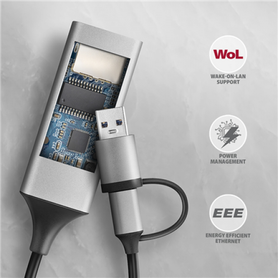 AXAGON ADE-TXCA Compact aluminum USB 3.2 Gen 1 Gigabit Ethernet 10/100/1000Mbit adapter with automatic installation, Nintendo Switch support and USB C-A reduction