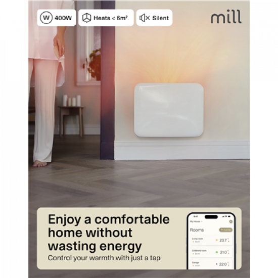 Mill Invisible Smart WiFi Heater | PA400WIFI4 | Panel Heater | 400 W | Suitable for rooms up to 4-6 m² | White | IPX4