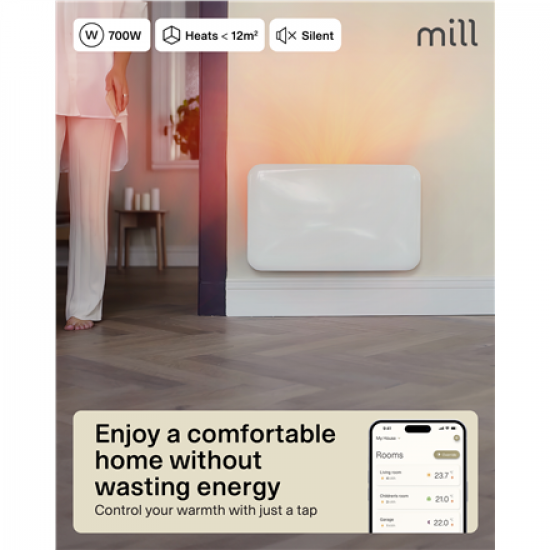 Mill Invisible Smart WiFi Heater | PA700WIFI4 | Panel Heater | 700 W | Suitable for rooms up to 9-12 m² | White | IPX4