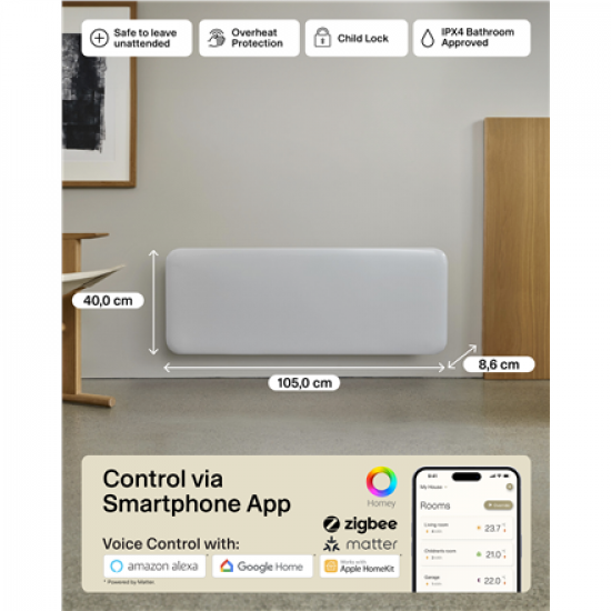 Mill Invisible Smart WiFi Heater | PA1300WIFI4 | Panel Heater | 1300 W | Suitable for rooms up to 15-19 m² | White | IPX4