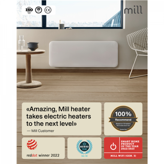 Mill Invisible Smart WiFi Heater | PA1300WIFI4 | Panel Heater | 1300 W | Suitable for rooms up to 15-19 m² | White | IPX4
