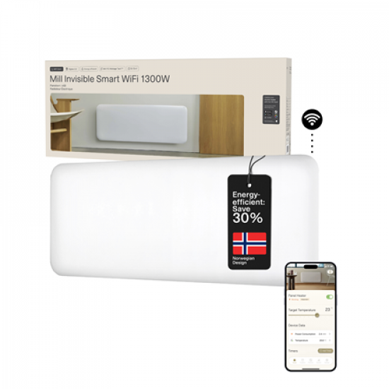 Mill Invisible Smart WiFi Heater | PA1300WIFI4 | Panel Heater | 1300 W | Suitable for rooms up to 15-19 m² | White | IPX4