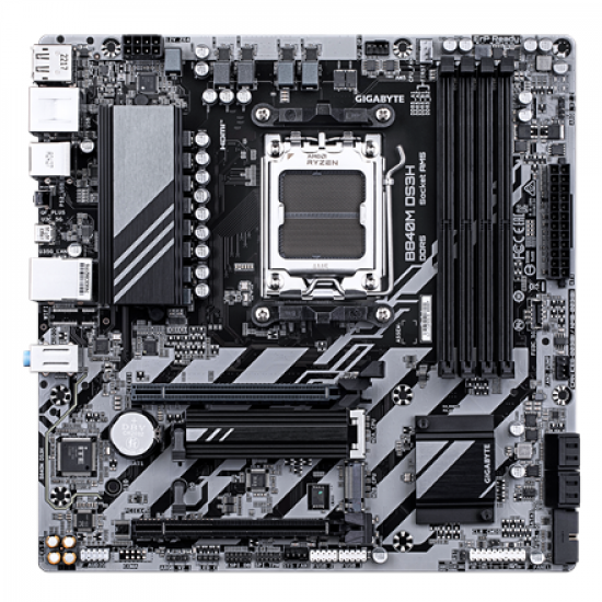 Gigabyte B840M DS3H | Processor family AMD | Processor socket AM5 | DDR5 | Supported hard disk drive interfaces SATA, M.2 | Number of SATA connectors 4