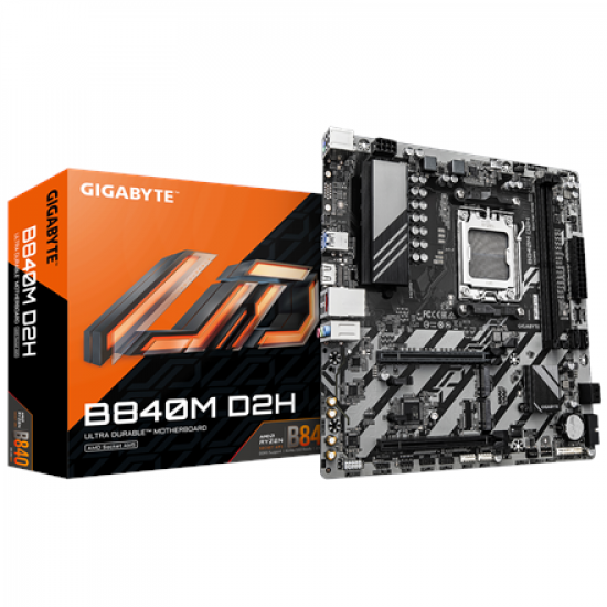 Gigabyte B840M D2H | Processor family AMD | Processor socket AM5 | DDR5 | Supported hard disk drive interfaces SATA, M.2 | Number of SATA connectors 4