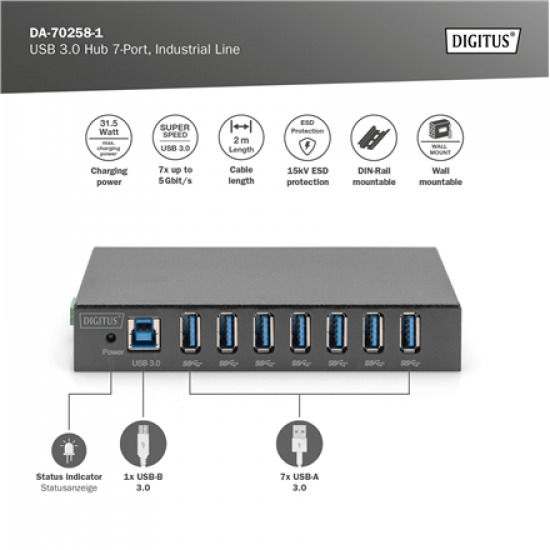 Digitus | USB 3.0 Hub 7-Port, Industrial Line | DA-70258-1