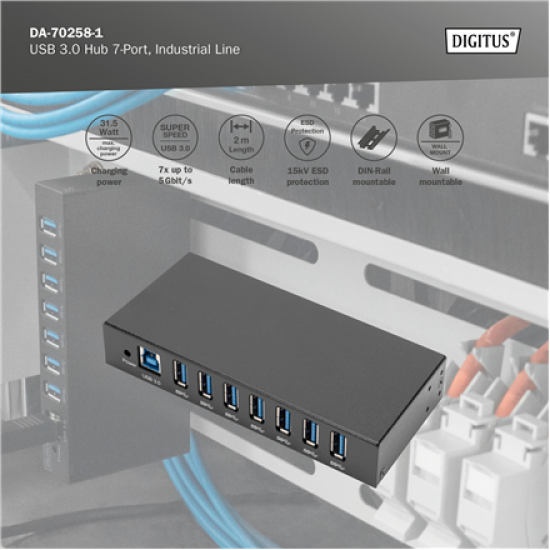 Digitus | USB 3.0 Hub 7-Port, Industrial Line | DA-70258-1