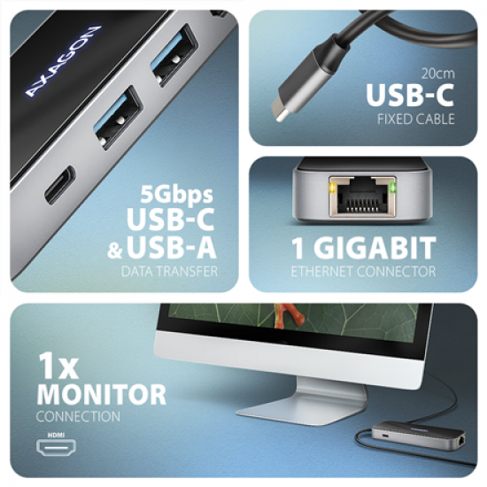 AXAGON USB-C 5Gbps GLASS 6in1 Hub | HMC-6GLN