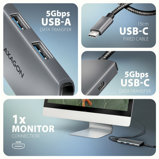 AXAGON USB 5Gbps hub, 3x USB-A, HDMI 4k/30Hz, PD 100W, 100cm USB-C cable | HMC-5H