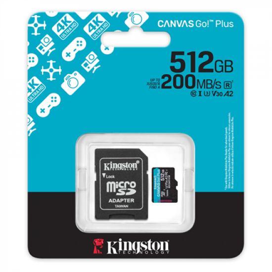 Kingston | Canvas Go! Plus | 512 GB | microSD | Flash memory class Class 10, UHS-I, U3, V30, A2