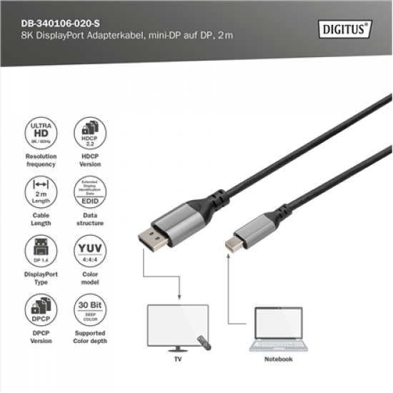 Digitus 8K DisplayPort Adapter Cable, Mini DP to DP, 2 m | DB-340106-020-S | DisplayPort to DisplayPort