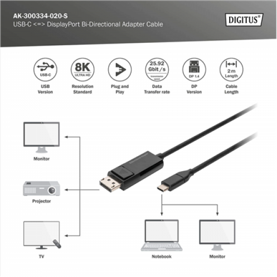 Digitus | Bi-Directional Adapter Cable 2 m | AK-300334-020-S | USB Type C to DisplayPort