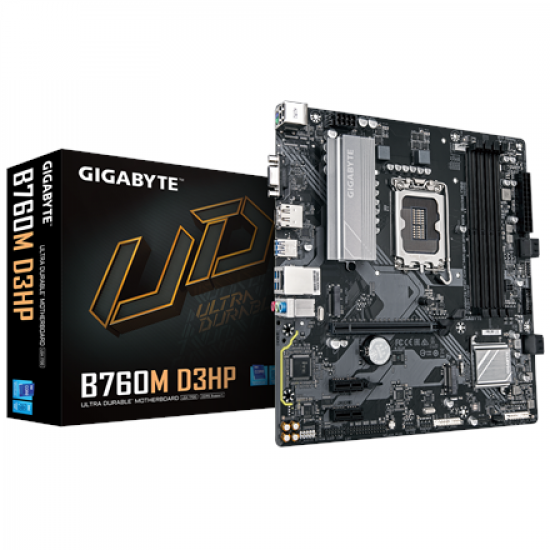 Gigabyte B760M D3HP | Processor family Intel | Processor socket LGA1700 | DDR5 | Supported hard disk drive interfaces M.2, SATA | Number of SATA connectors 4