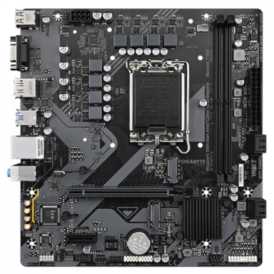 Gigabyte B760M E | Processor family Intel | Processor socket LGA1700 | DDR5 | Supported hard disk drive interfaces M.2, SATA | Number of SATA connectors 4