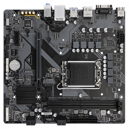 Gigabyte B760M E | Processor family Intel | Processor socket LGA1700 | DDR5 | Supported hard disk drive interfaces M.2, SATA | Number of SATA connectors 4