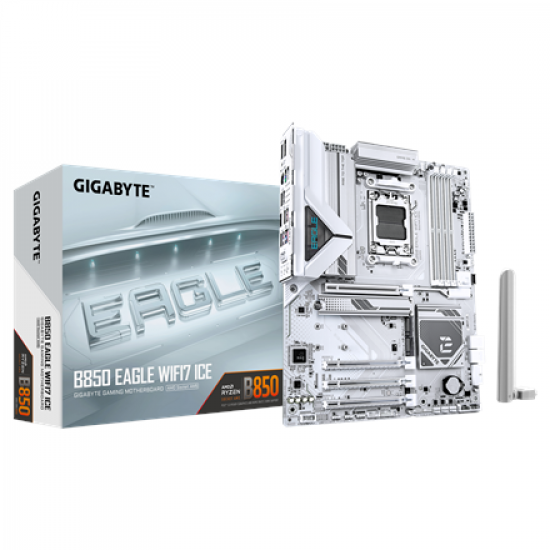 Gigabyte B850 EAGLE WF7 ICE | Processor family AMD | Processor socket AM5 | DDR5 | Supported hard disk drive interfaces SATA, M.2 | Number of SATA connectors 4