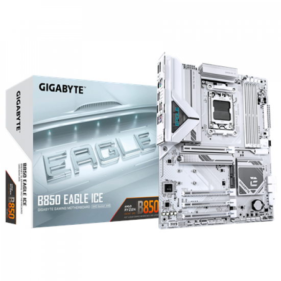Gigabyte B850 EAGLE ICE | Processor family AMD | Processor socket AM5 | DDR5 | Supported hard disk drive interfaces SATA, M.2 | Number of SATA connectors 4