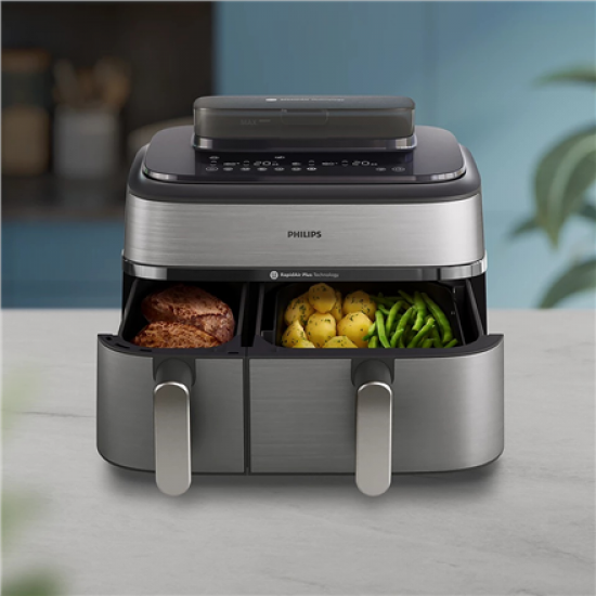 Philips Dual Basket Airfryer | NA555/00 5000 series | Power 2750 W | Capacity 9 L | RapidAir Plus | Silver