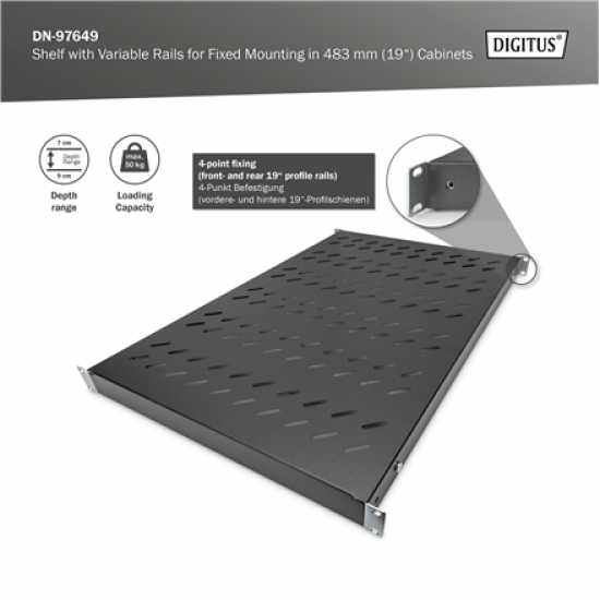 Digitus Shelf with Variable Rails for Fixed Mounting in 483 mm (19
