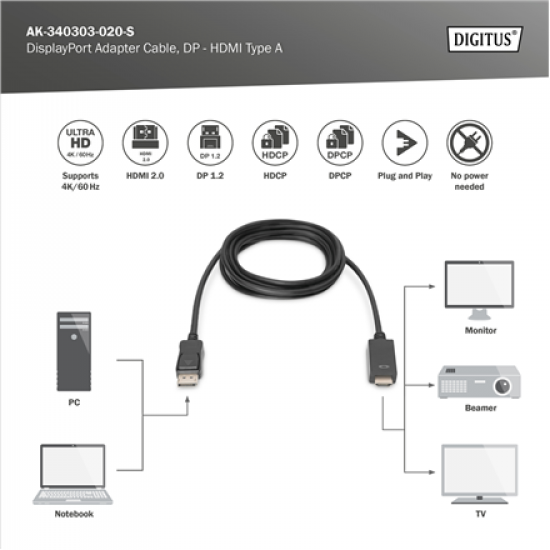 Digitus Adapter Cable, DP - HDMI type A | DisplayPort to HDMI | 2 m