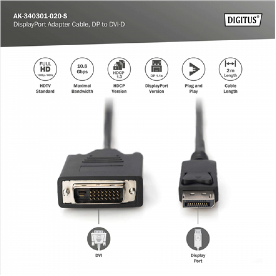 Digitus Adapter Cable, DP - DVI | DisplayPort | 2 m