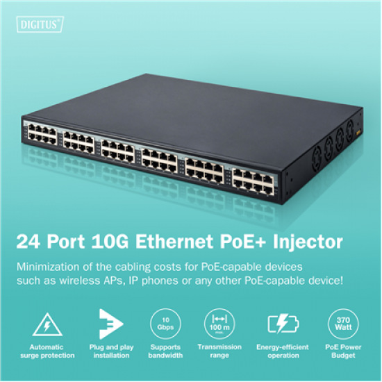 Digitus | 24 Port 10G Ethernet PoE+ Injector, 802.3at, 370 W | DN-95117
