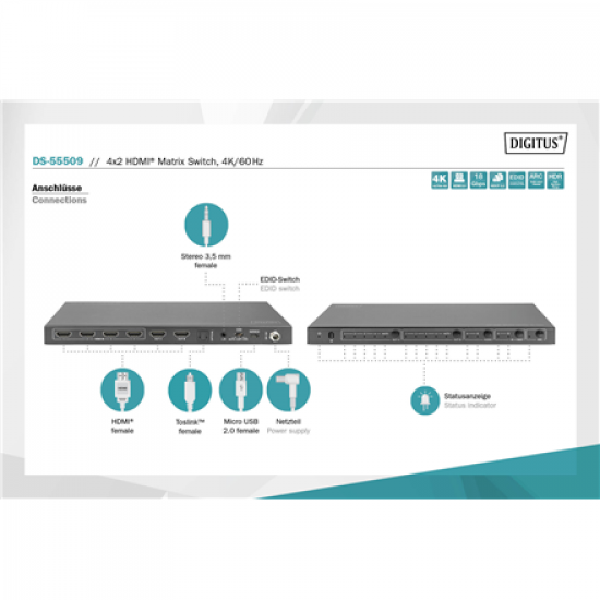 Digitus | 4x2 HDMI Matrix Switch, 4K/60Hz | DS-55509