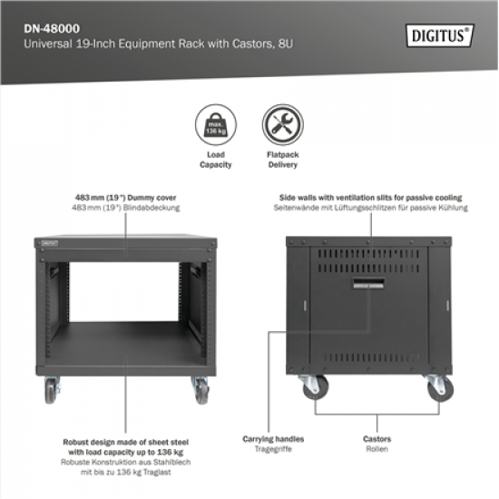 Digitus Universal 19-Inch Equipment Rack with Castors, 8U | DN-48000